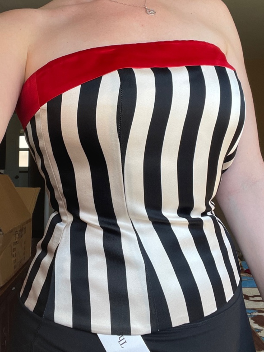 Vintage Escada Couture Fitted Strapless Black & White Stripe Bustier w/ Red Trim